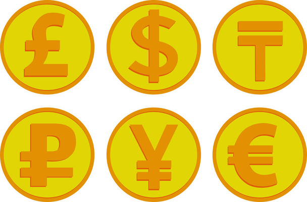 set of currency coin icons (dollar, euro, tenge, ruble, yen, yuan) - Вектор, зображення