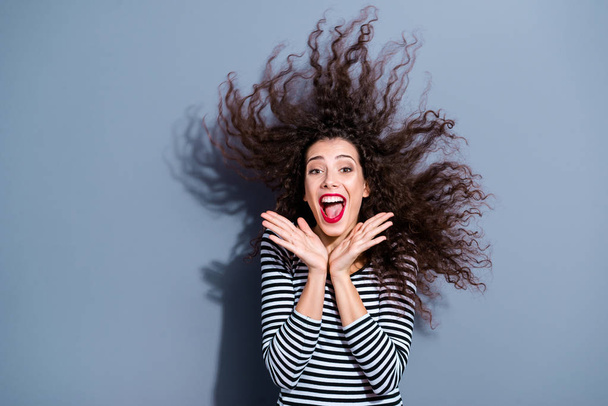 Close up photo image portrait of pretty funny funky crazy mad screaming shouting lady in casual white black clothes isolated grey background copyspace - Photo, image