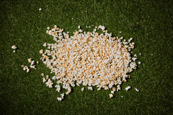 Вид сверху на вкусную кукурузу, лежащую на зеленой траве
 - Фото, изображение