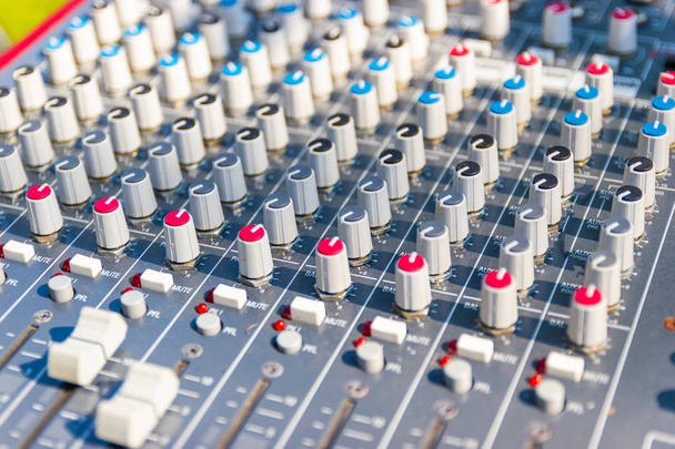 Close up Mixing Console of a big HiFi system, The audio equipment and control panel of digital studio mixer - Photo, Image