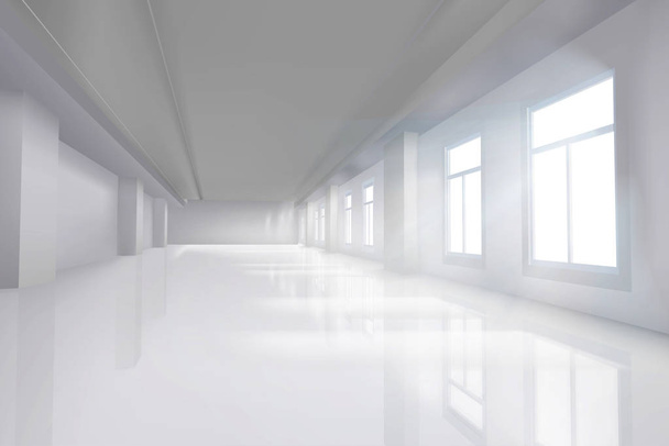 Room with large windows. Empty office interior. Illuminating sun rays. Vector illustration. - Vector, Image
