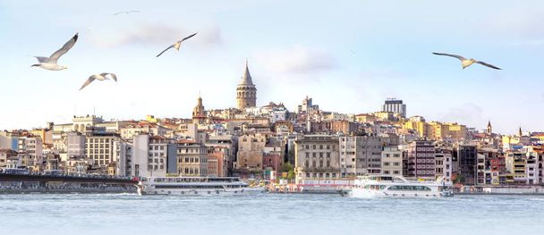 Panorama d'Istanbul avec tour Galata à skyline et mouettes sur la mer, vaste paysage de Corne d'Or, fond de voyage pour panneau d'affichage
 - Photo, image