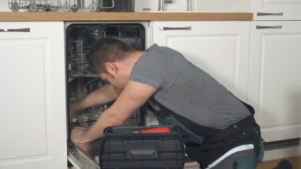 професійний майстер в комбінезоні ремонт побутової посудомийної машини на кухні
. - Кадри, відео