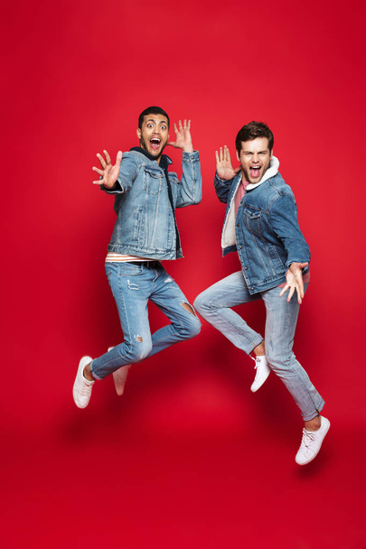 Full length of two excited young men friends wearing denim jackets isolated over red background, jumping - Foto, Imagem