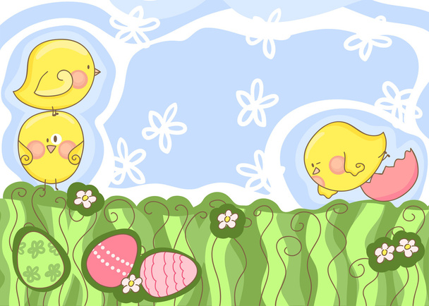 Unny chicks playing on meadow - Vecteur, image