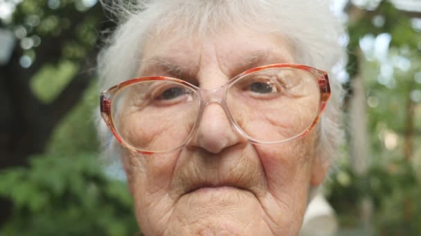 Close-up van de oude vrouw in brillen op zoek naar de camera. Portret van grootmoeder buiten - Video
