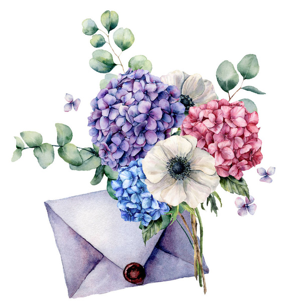 Watercolor card with bouquet and blue envelope. Hand painted hydrangea, anemone flowers with eucalyptus leaves and branch isolated on white background. Botanical illustration for design and print. - Foto, Imagen