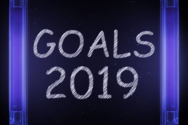 Η λέξη γκολ 2019 εκδηλώνεται κάτω από τη λάμπα υπεριώδους ακτινοβολίας σε μοβ - Φωτογραφία, εικόνα