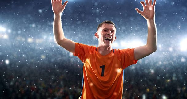 Soccer player celebrates a victory on the professional stadium while its snowing. Stadium and crowd are made in 3d. - Fotoğraf, Görsel