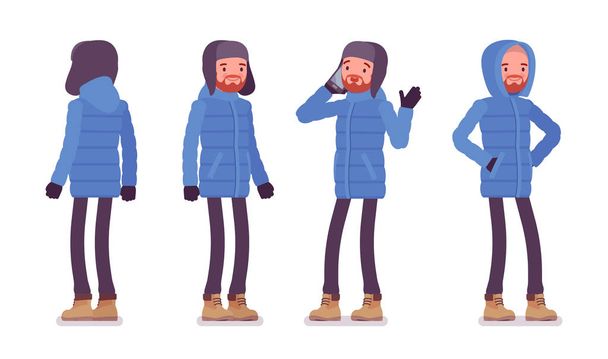 Stylish man in a blue down jacket standing - Vector, Image
