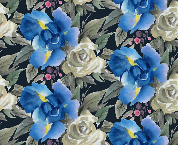 Seamless pattern with watercolor flowers on black  background.  Hand-drawn illustration.  - Photo, Image