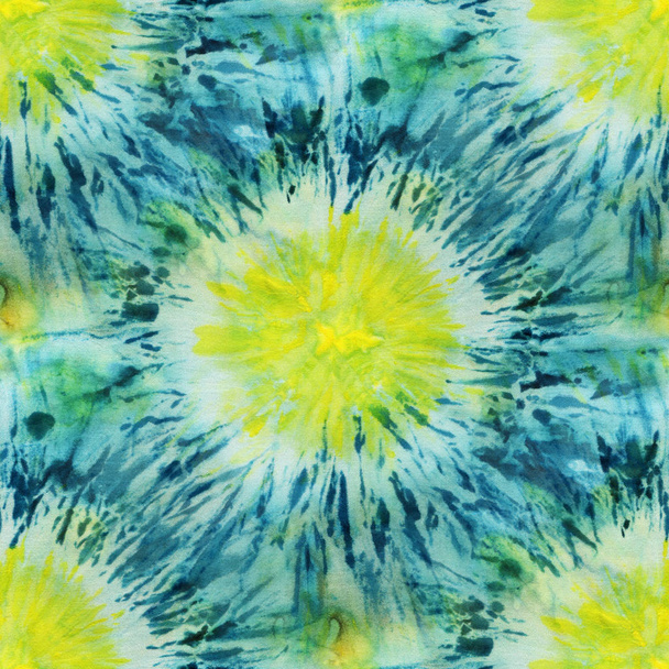 Seamless tie-dye pattern of yellow and turquoise  color on white silk. Hand painting fabrics - nodular batik. Shibori dyeing.  - Photo, Image