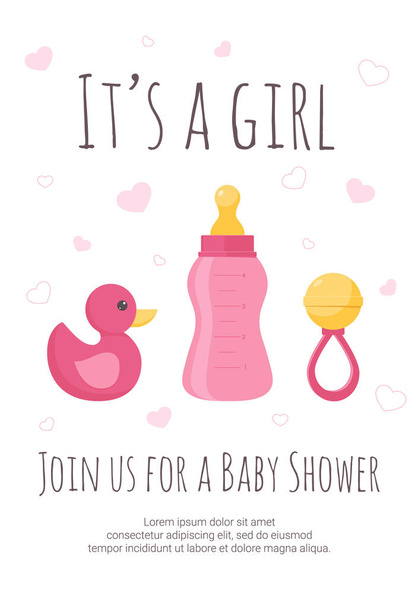 Bebek duş davet şablonu pembe ve sarı çıngırak ve ördek oyuncak ve yürümeye başlayan çocuk süt şişesi düz tarzı ile. - Vektör, Görsel