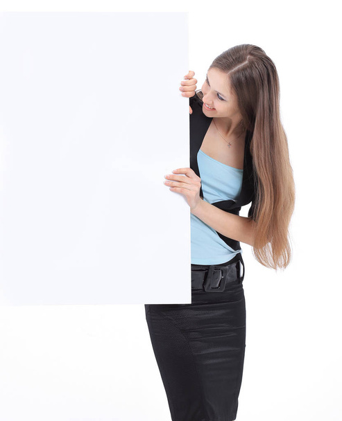 beautiful business woman looking at blank poster. - Fotó, kép