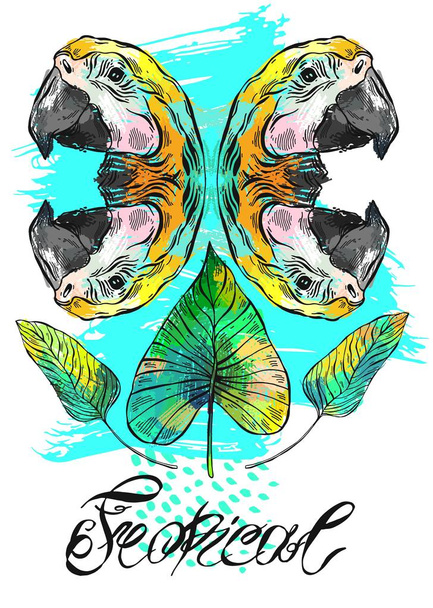 Vektor exotischen handgezeichneten abstrakten Hintergrund mit Papageien Spiegelung, Palmen tropischen Blättern und Schriftzug - Vektor, Bild