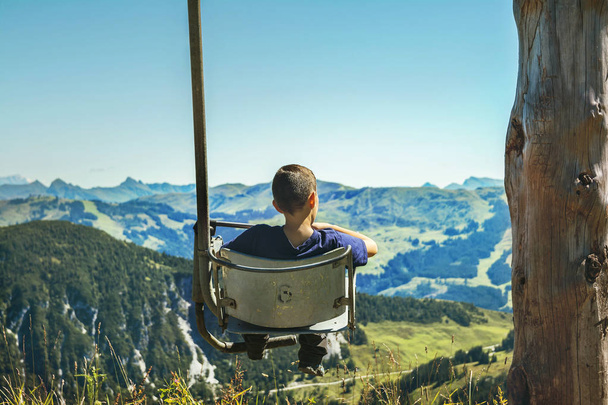 Jonge jongen op schommel in het natuurpark van de Alpen bergen, Oostenrijk  - Foto, afbeelding