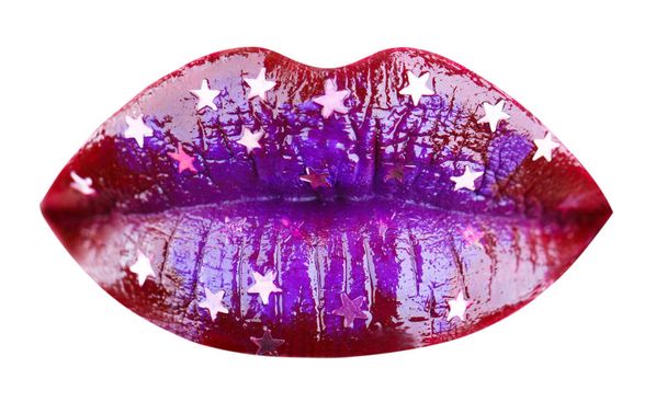 Blue Lipstick or lipgloss, beautiful lip, bright lipstick. Glossy lips, beautiful makeup, sensual mouth, sexy lip. Close up, macro with beautiful mouth,sensual makeup, portrait, isolated blue lip - Photo, Image
