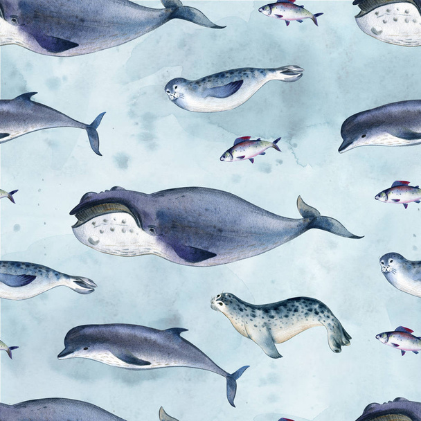 Seamless watercolor pattern about sea fauna. marine animal. Gray dolphin, whale, fish and seal on blue - Foto, Imagen