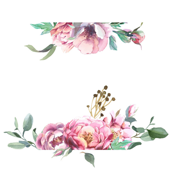 Watercolor illustration of light pink flowers and green leaves. A frame of peony and blosom flowers isolate in white background. Floral element for wedding and invitation cards, for valentine cards and prints - Foto, afbeelding