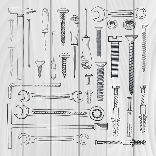 Set of tools, hardware. Different fastener isolated on white background. Hand drawn vector illustration of a sketch style. - Vektor, kép