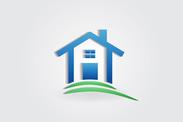 Logo blue house with green garden vector - Вектор,изображение