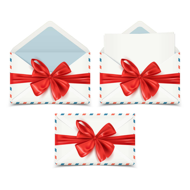 Realistic white envelopes set, open, closed, blank paper sticking out and decorative red bow, vector illustration - Vetor, Imagem