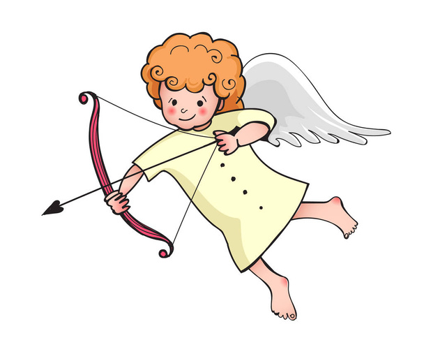 Cute baby cupid in yellow dress isolated on white background. Vector illustration for Valentine's day design. Smile flying cherub with bow and arrow in his hands - Vettoriali, immagini