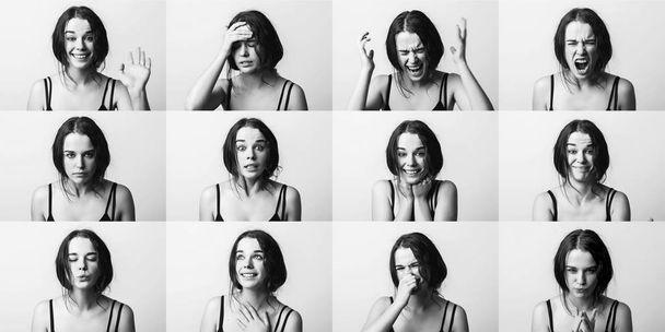 Emotions set collage. Young emotion girl, woman. Anger, happiness, surprise, positive, dissatisfaction, mercy, kiss - Photo, Image