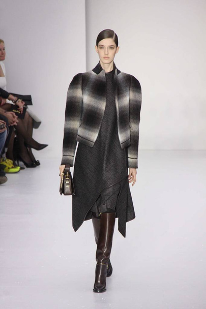 Model wyświetla nowe stworzenie Salvatore Ferragamo 2014 jesień/zima pokaz mody podczas Milan Fashion Week w Mediolanie, Włochy, 23 luty 2014. - Zdjęcie, obraz