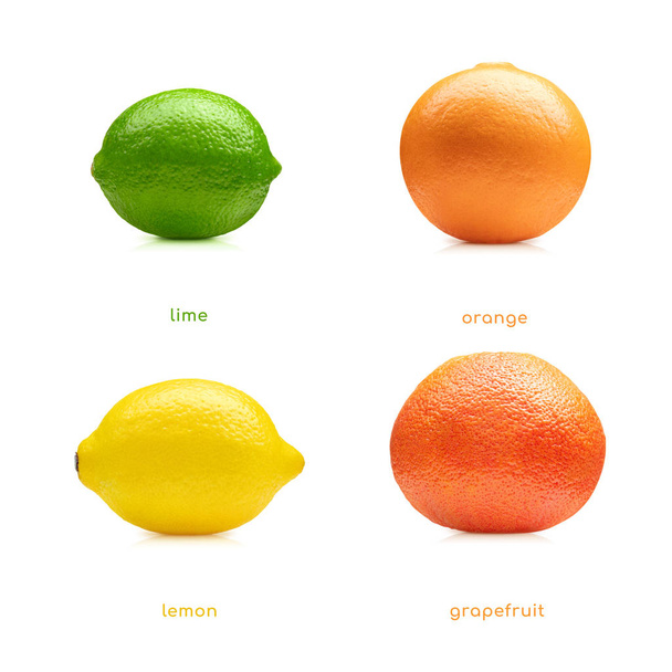 Lemon, lime, orange, grapefruit fruits set isolated on white background - Photo, image