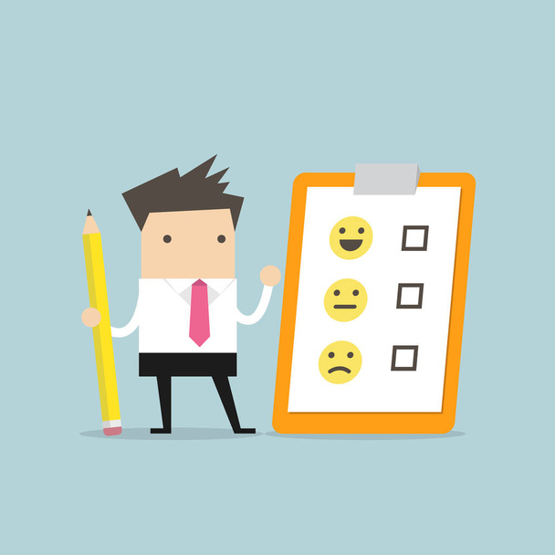 Businessman holding pencil and paper of checklist feedback on clipboard. Customer Evaluation. Feedback Emoticons. - Vector, Image