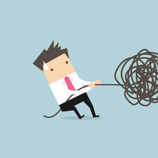 Businessman trying to unravel tangled rope or cable. - Vector, Image