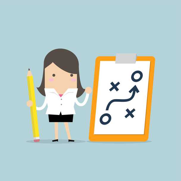 Businesswoman holding pencil and paper of planning strategy concept. Business tactic. Clipboard pencil. - Vector, Image