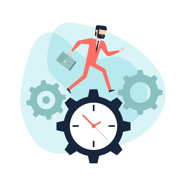 Businessman run along gear in form of clock. Time management. - Vector, Image