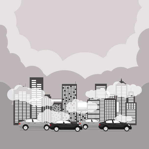 Air pollution with skyscrapers, cars in rush hour. - Vector, Image