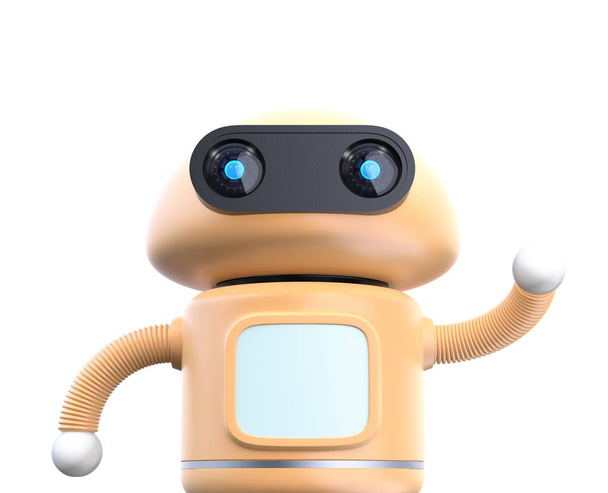 Close up view of cute robot raise his hands isolated on white background. 3D rendering image. - Photo, Image