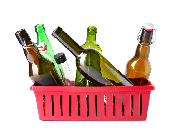 Crate with glass bottles on white background. Trash recycling - Fotografie, Obrázek