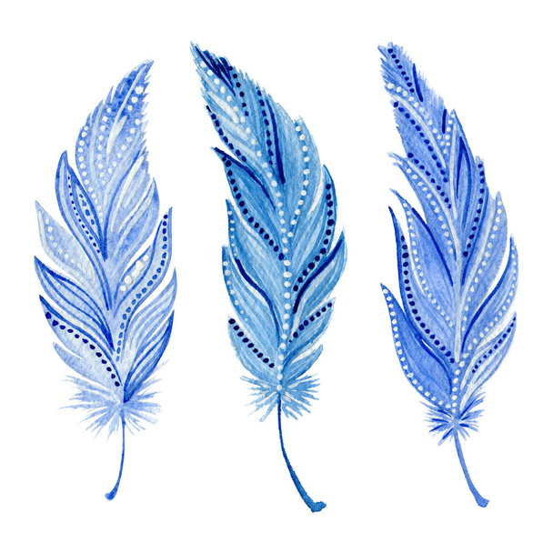 Set of watercolor blue feathers. Boho style. Hand-drawn ornament. - Photo, Image