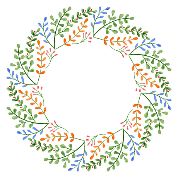 Watercolor wreath. Frame with spring flowers and branches. Circular hand-drawn design - Valokuva, kuva