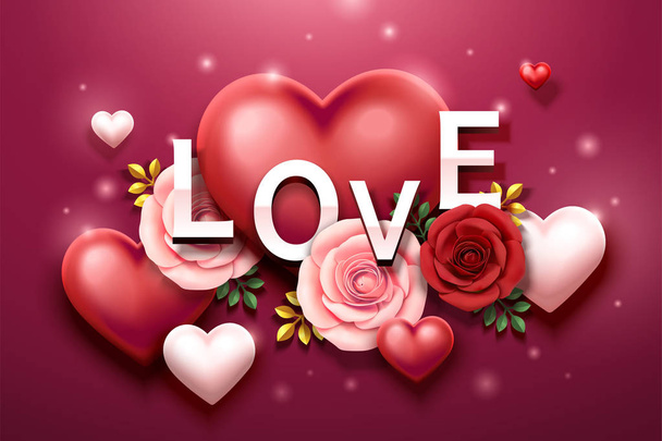 Valentine's day design with roses and heart shaped decorations in 3d illustration - Vecteur, image