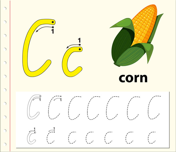 Letter C tracing alphabet worksheets illustration - Vector, Image