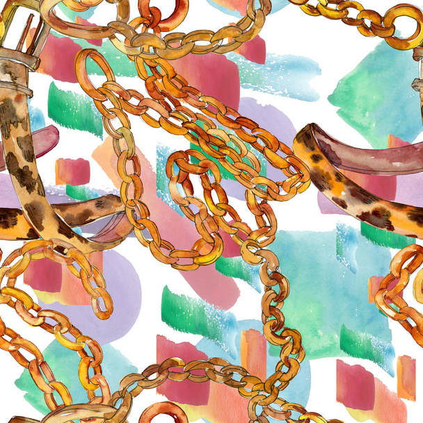 Golden chain belt sketch fashion glamour illustration in a watercolor style background. Seamless background pattern. - Foto, afbeelding