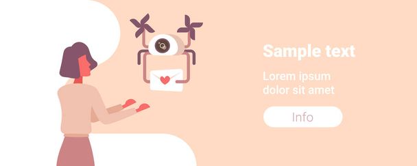 woman gets parcel letter envelope from quadcopter happy valentines day concept express air delivery service drone carrying mail heart shape icon flat portrait horizontal - Vector, Imagen