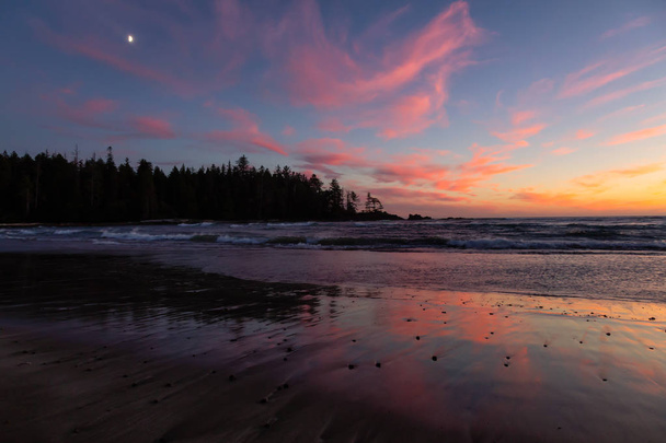 Beautiful sandy beach on the Pacific Ocean Coast during a vibrant summer sunset. Taken in Raft Cove Provincial Park, Northern Vancouver Island, BC, Canada. - Foto, afbeelding