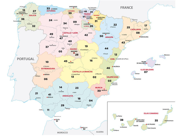 um mapa da província de Espanha com códigos postais de 2 dígitos
 - Vetor, Imagem