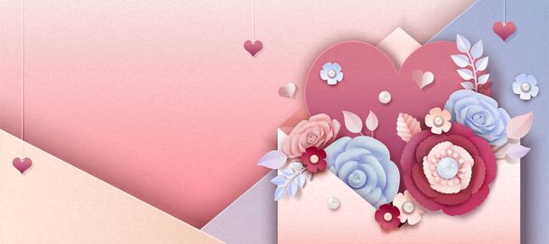Valentine's day banner with paper flowers jumping out of envelope, 3d illustration - Вектор,изображение