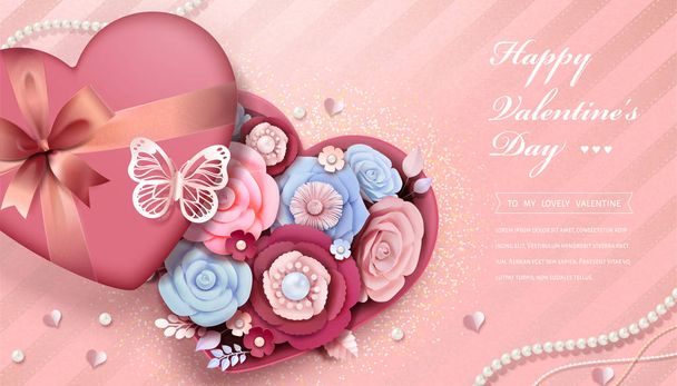 Happy Valentine's day design with paper flowers in heart shaped gift box, 3d illustration - Vetor, Imagem