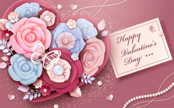 Happy Valentine's day design with paper flowers in heart shaped gift box, 3d illustration - Vector, Image