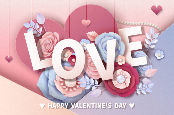 Happy Valentine's day design with paper flowers and hanging love words, 3d illustration - Vektör, Görsel