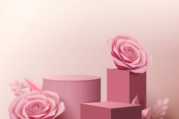 Elegant pink paper flowers and stage column in 3d illustration - Вектор,изображение